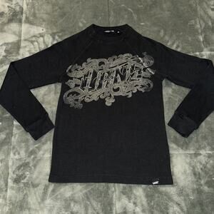 Vans Waffle Knit Shirt Boy's Medium Black Long Sleeve Logo Print Cotton Thermal